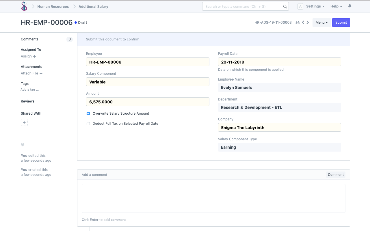 Open Source HRMS and Payroll - Additional Salary