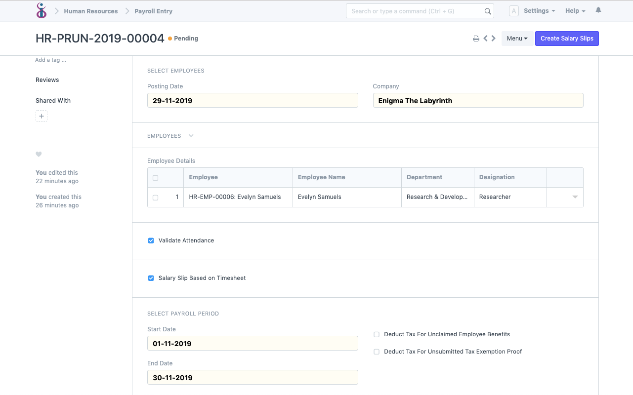 Open Source HRMS and Payroll - Payroll Entry