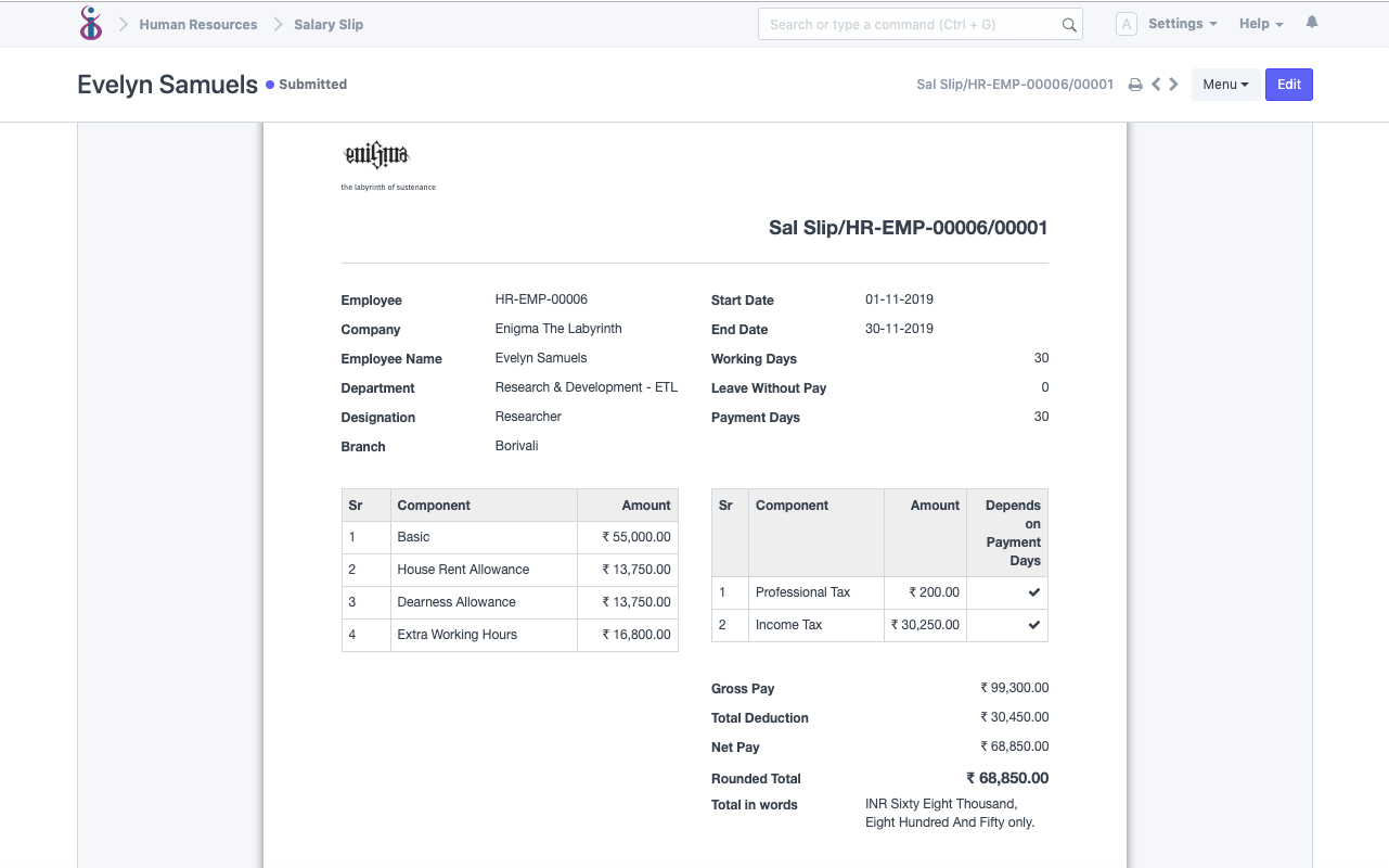 Open Source HRMS and Payroll - Salary Slip